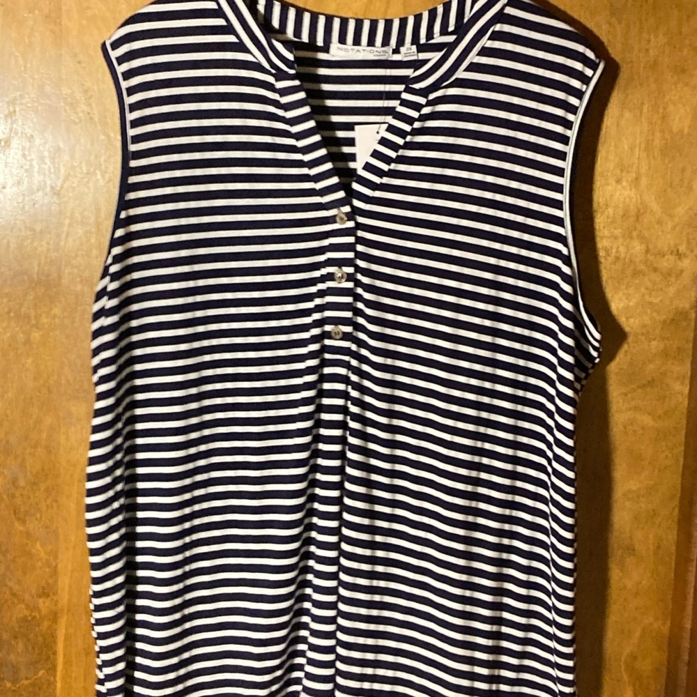 Notations 2X Sleeveless Henley Tank Blue/White Stripe Relaxed Fit Beach Layering